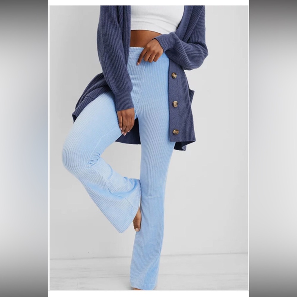 Aerie Light Blue Ribbed Velour Flare Pants